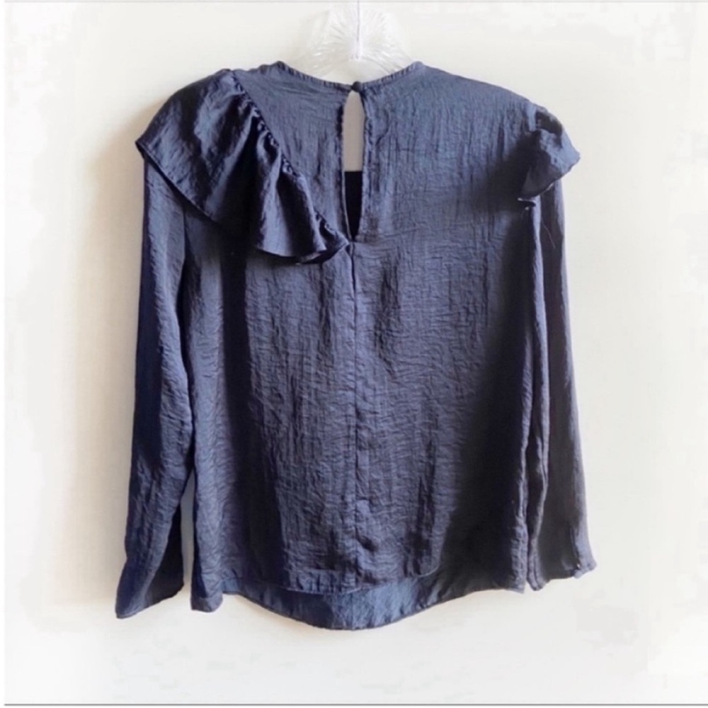 Topshop shirt navy blue satin ruffle long sleeves - Picture 9 of 9